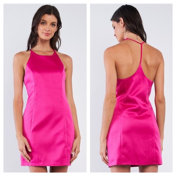 Evie Carche Dresses & Skirts - Pink Satin T - Strap Racer Back Dress